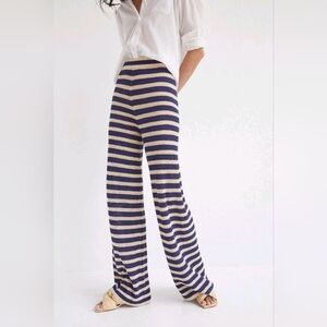 Flat White Striped Knit Tan Navy Wide-Leg Pants, Women's Small. Anthropologie